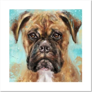 Expressive Painting of a Brown Coated Boxer Dog on Light Blue Background Posters and Art
